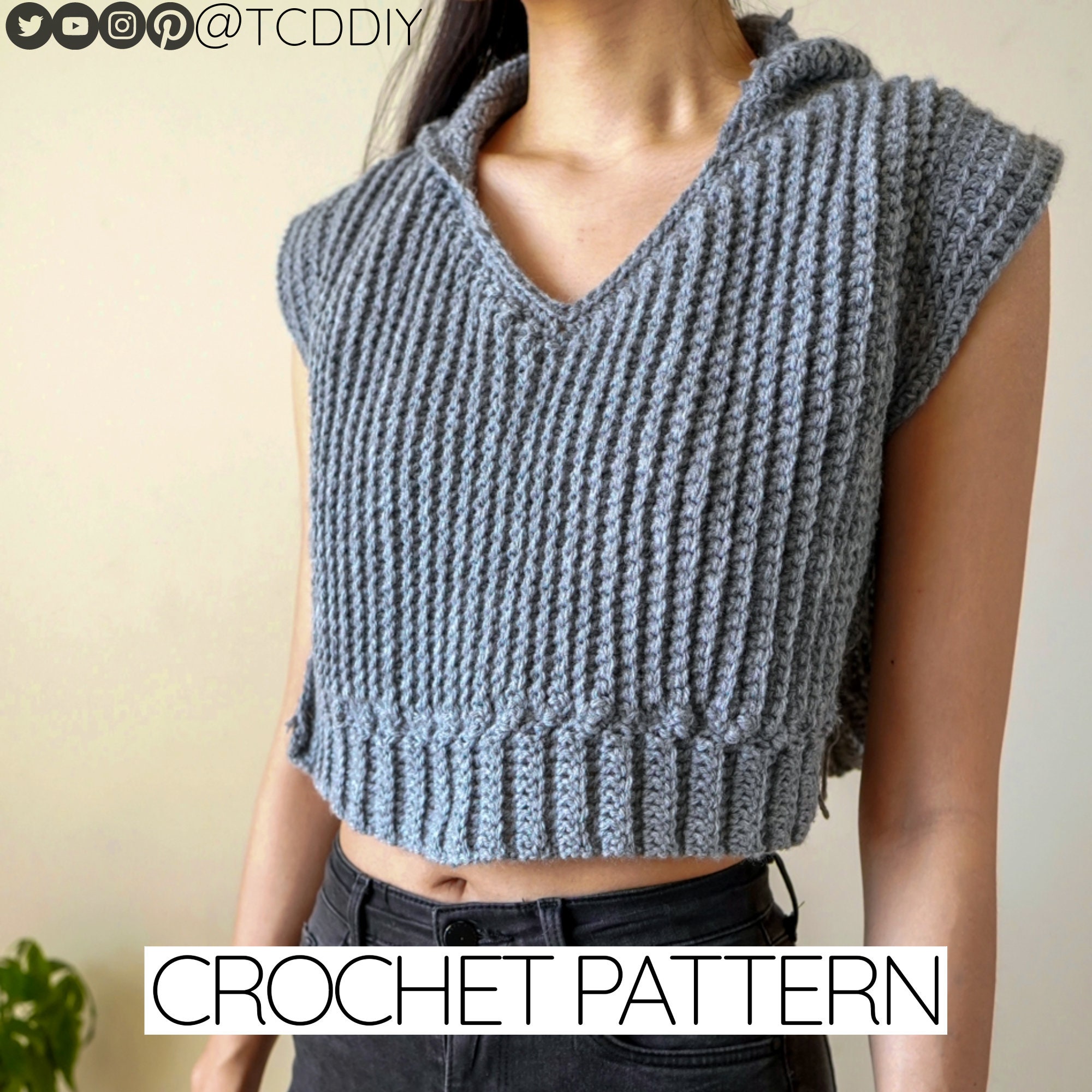 Crochet Cropped Hoodie Pattern: Ribbed Side-tie V-neck Top (PDF