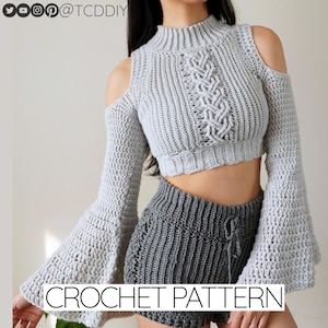 Häkelanleitung | Stehkragen Zopfmuster Kalte Schulter Crop Top & Rollkragenpullover mit Glockenärmeln | 2-in-1 | PDF-Download