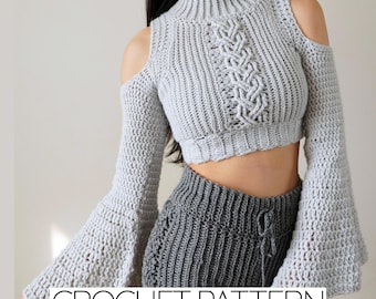 Crochet Pattern | Mock Neck Cable Stitch Cold Shoulder Crop Top & Turtleneck Bell Sleeve Sweater | 2-in-1 | PDF Download