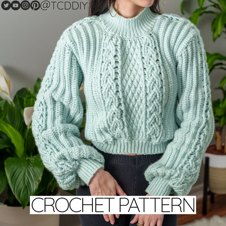TCDDIY crochet pattern for a cropped cable stitch sweater with a mock neck and alpine stitch detailing, crafted using Caron One Pound yarn in Pale Green.