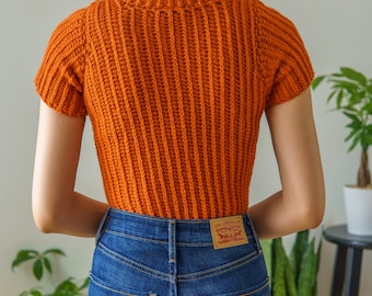 Tシャツ・カットソー TRILLION Cable Crochet Short Sleeve Collar Knit BURNT BRICK Dominica-Shirt-Crochet-Button-