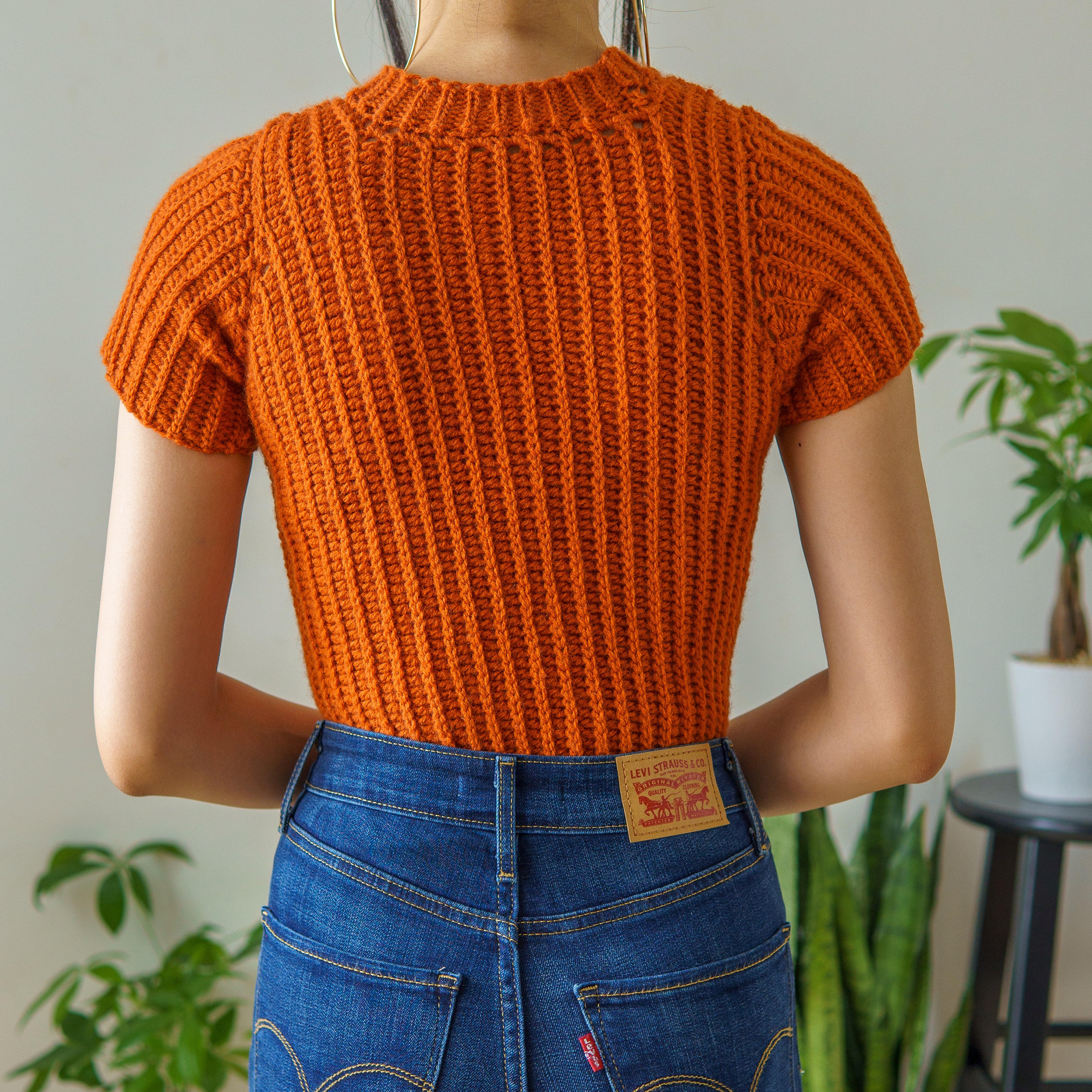Tシャツ・カットソー TRILLION Cable Crochet Short Sleeve Collar Knit BURNT BRICK Crochet Pattern | Short Sleeve Mock Neck T-shirt Top