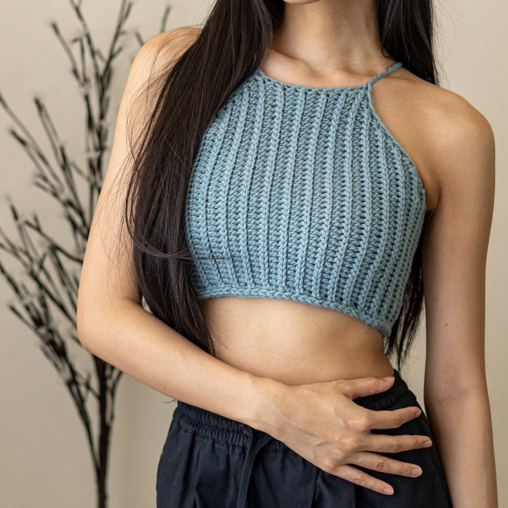 Haut Court Au Crochet Col Montant Chéri Turquoise - Taille XS, Sans Manches, Pour Femmes