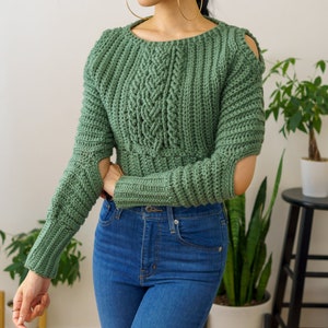 Crochet Pattern Cable Stitch Sweater Pattern Cold Shoulder Pattern Crop ...