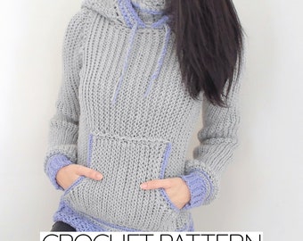 Crochet Pattern | Cowl Neck Pullover Hoodie W. Pockets | Turtleneck Sweater | PDF Download