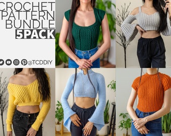 Crochet Pattern Bundle | Cap Sleeve Top | Bell Sleeve Crop Top w Straps | Cropped V Neck | Bell Sleeve Top | Short Sleeve Top | PDF Download