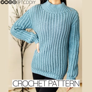 Crochet Pattern | EASY Classic Sweater W. Wide Collar | Long Sleeve Ribbed Jumper | PDF Download