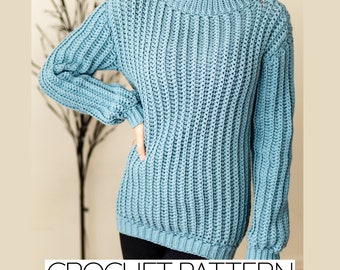 Crochet Pattern | EASY Classic Sweater W. Wide Collar | Long Sleeve Ribbed Jumper | PDF Download