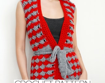 Patrón de crochet / Chaleco tipo cárdigan de tejido de canasta con lazo delantero / Descarga PDF