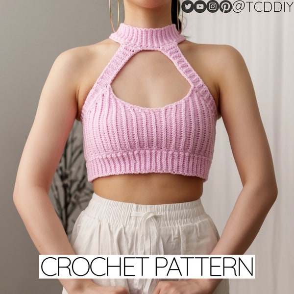 Patron au crochet | Modèle de brassière au crochet à col cheminée | Modèle de haut au crochet à col montant | Modèle de haut court découpé au crochet | Téléchargement PDF