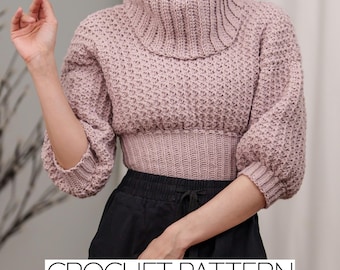 Crochet Pattern | Cowl Neck Sweater | 3/4 Sleeve Turtleneck Jumper | PDF Download