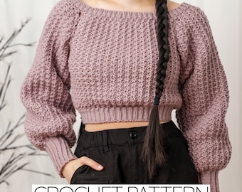 Patrón de crochet / Suéter corto con cuello barco y mangas globo / Jersey con punto Trinity / Descarga PDF