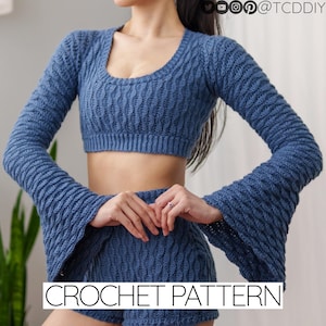 Crochet Pattern | Cropped Bell Sleeve Sweater | Scoop Neck Top | Long Sleeve Almond Stitch Jumper | PDF Download