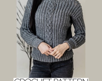 Häkelanleitung Nr. 090 | Langärmliger Pullover mit Zopfmuster | Unisex-Pullover mit breitem Kragen | PDF-Download