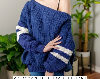 Crochet Pattern | Oversized Off the Shoulder Sweater W. Stripe Detail | PDF Download