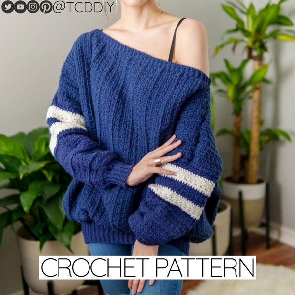 Patron au crochet | Modèle de pull surdimensionné au crochet | Modèle de pull au crochet avec épaules dénudées | Téléchargement PDF