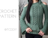 Crochet Cable Stitch Cold Shoulder Bell Sleeve Hoodie PDF Pattern