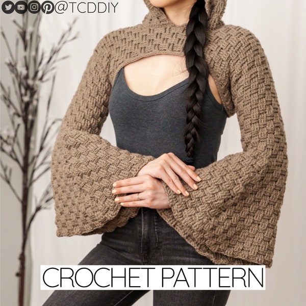Crochet Pattern #423 | Bell Sleeve Basketweave Shrug Hoodie | Arm Warmer | PDF Download