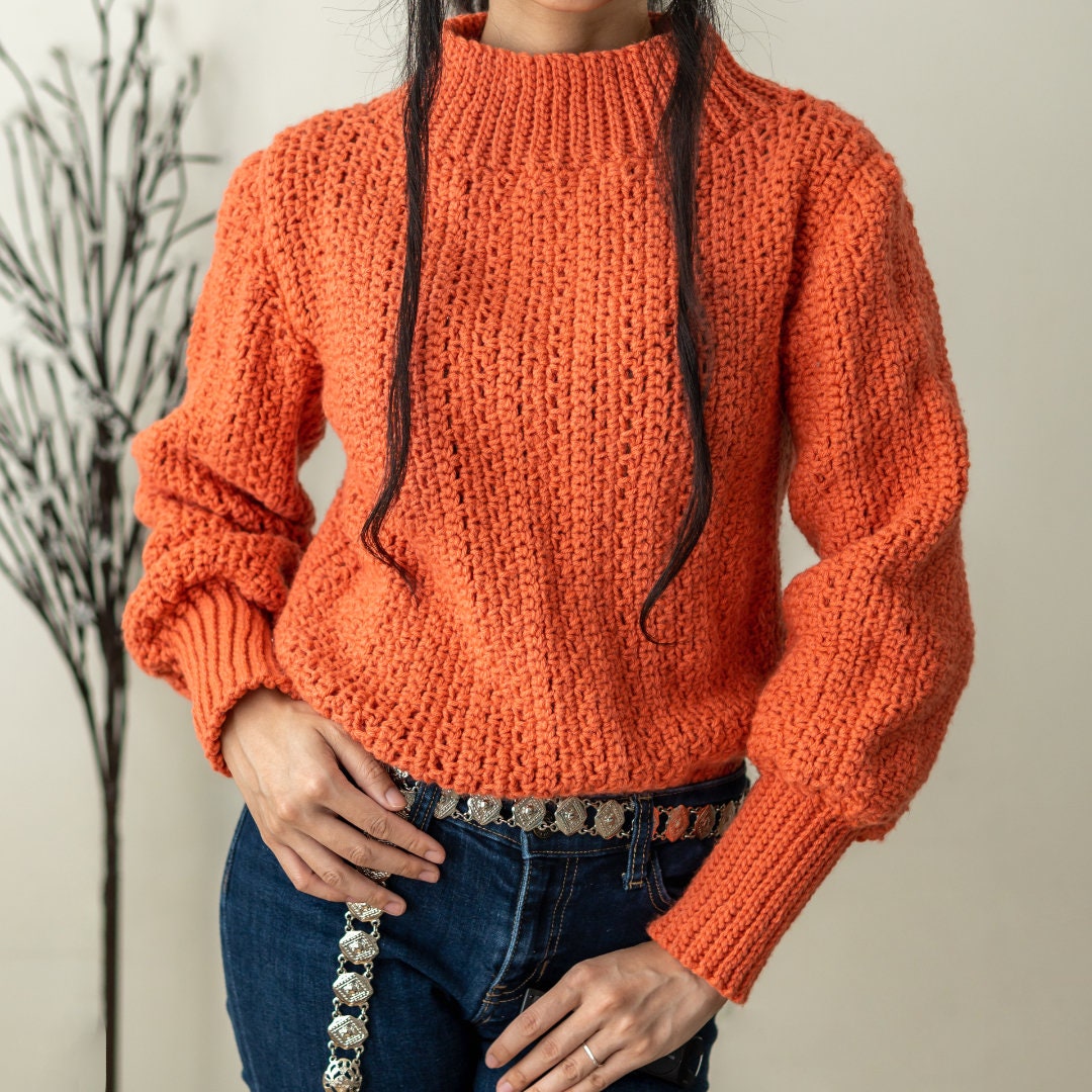 39 Crochet Sweater Patterns to Stitch Cozy Pullovers, Cardigans, and Statement Layers 23 Crochet Pattern Mock Neck Balloon Sleeve Sweater