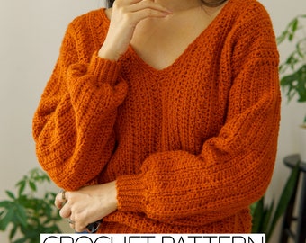 Crochet Pattern | Long Sleeve Ribbed V-Neck Sweater | PDF Download