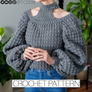 Crochet Pattern | Mock Neck Balloon Sleeve Sweater | Turtleneck Cold Shoulder Jumper Top | PDF Download