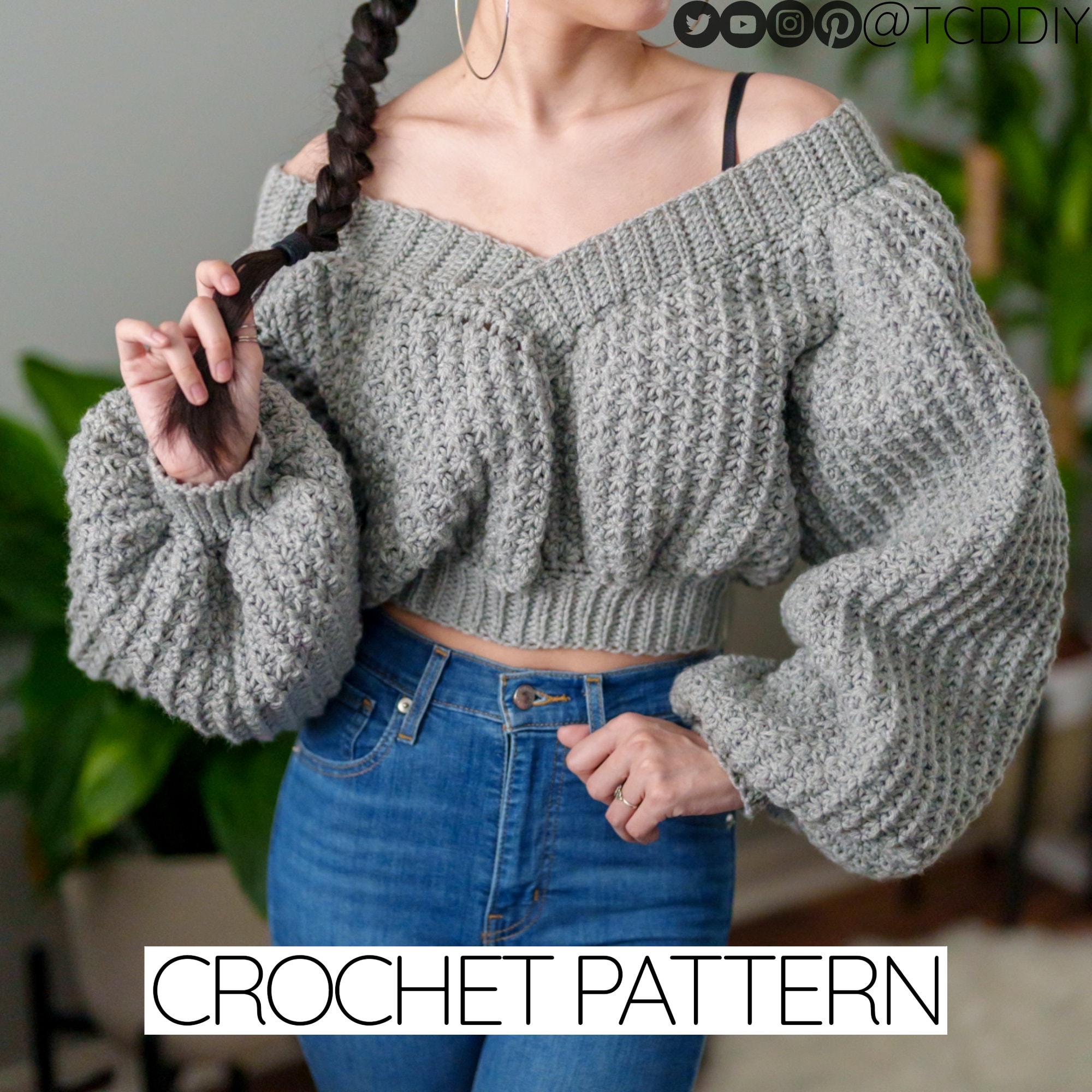 Crochet Pattern | Oversized Balloon Sleeve Off the Shoulder Cropped V-Neck Sweater | Jumper | PDF Download