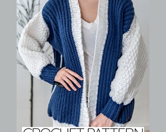 Crochet Pattern | Oversized Cardigan Sweater W. Alpine Stitch Sleeves | Unisex Ribbed Jacket | PDF Download