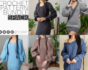 Crochet Pattern Bundle | Fall Dress Best Selling 5 pack Bundle | Oversized | Wrap | Balloon Sleeve | Cold Shoulder | PDF Download