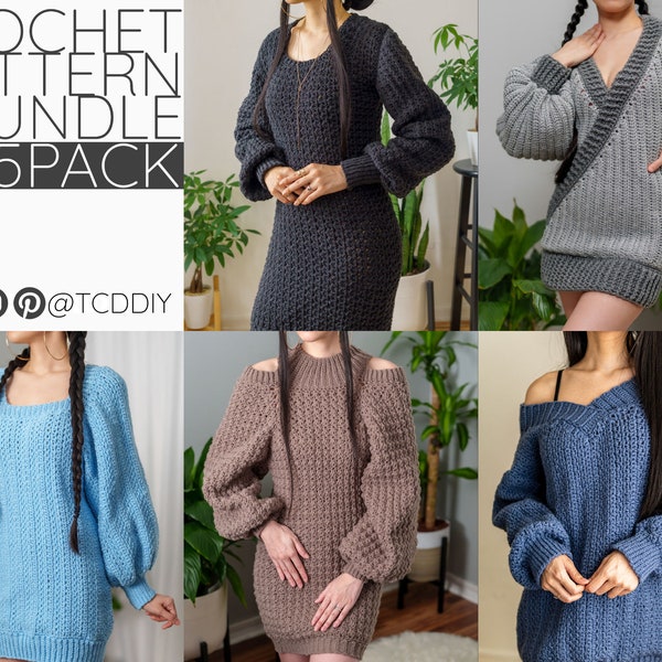 Crochet Pattern Bundle | Fall Dress Best Selling 5 pack Bundle | Oversized | Wrap | Balloon Sleeve | Cold Shoulder | PDF Download