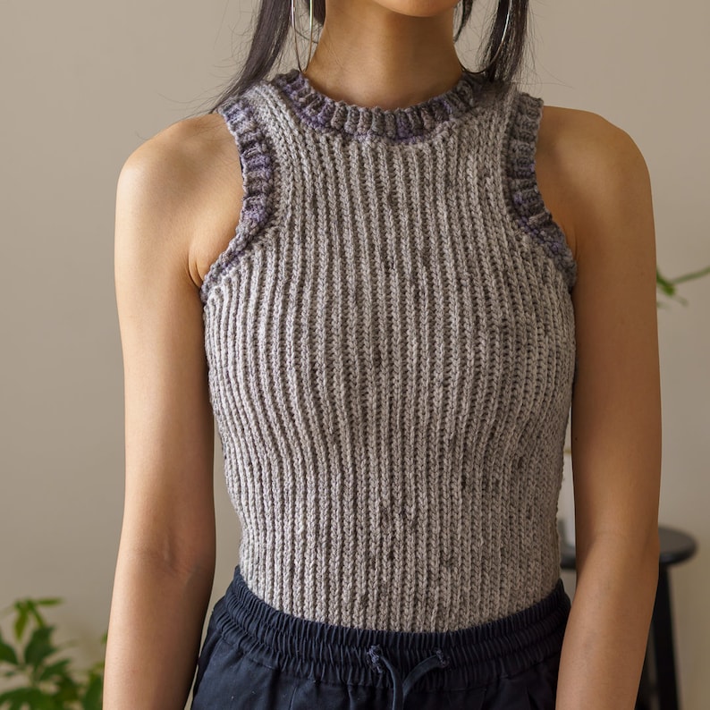 TCDDIY crochet pattern for an Easy Crochet Tank Top featuring all-slip stitches for a stretchy knit-like design. Crafted using Red Heart Super Saver yarn in Soapstone and Dove.