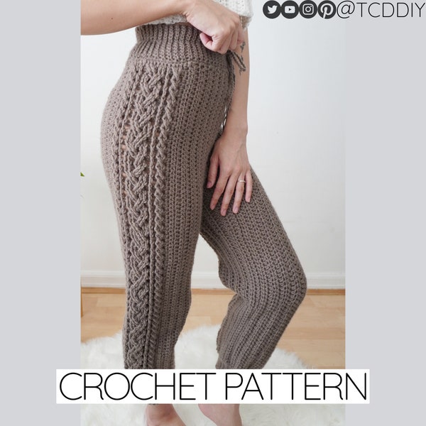 Patrón de crochet: Pantalón deportivo de tiro alto con punto trenzado (Descargar PDF)