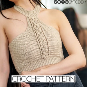 Crochet Pattern | Cable Stitch Mock Neck Cropped Halter Top W. Alpine Detail | Backless Turtleneck | PDF Download