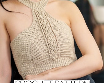 Crochet Crop Top Pattern: Cable Stitch Halter, Mock Neck (PDF Download)