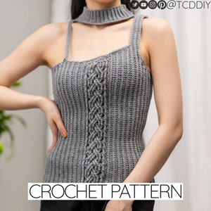 Crochet Pattern | Cable Stitch Mock Neck Sweater Vest W. Cut Out Detail | Sleeveless Asymmetrical Turtleneck Top | PDF Download
