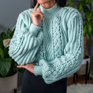 TCDDIY crochet pattern for a cropped cable stitch sweater with a mock neck and alpine stitch detailing, crafted using Caron One Pound yarn in Pale Green.