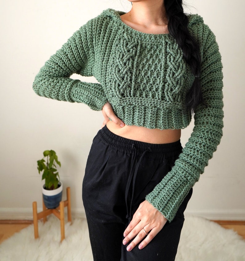 Crochet Pattern Cable Stitch Cropped Hoodie Pattern PDF Download image 4