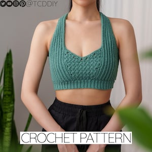 May include: A green crochet halter top with a crocheted pattern. The top is cropped and has a V-neckline. CROCHET PATTERN is written in white text at the bottom of the image.