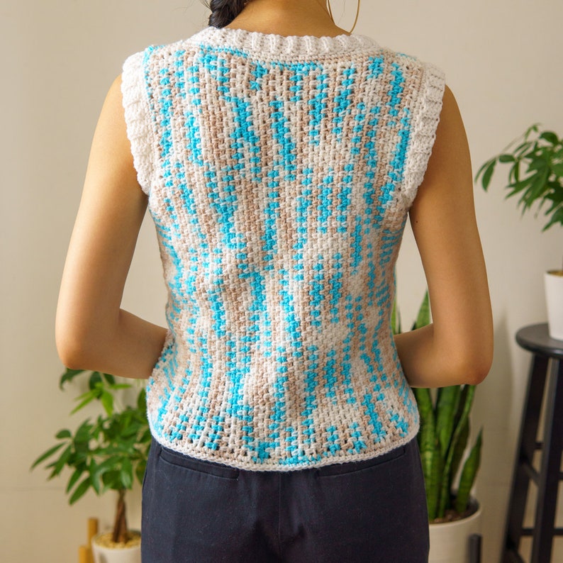TCDDIY crochet pattern for an easy moss stitch tank top with a slouchy fit, beginner-friendly, crafted using Bernat Baby Sport yarn in Popsicle Blue and White, back view.