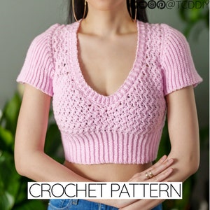 Crochet Pattern | Cropped V-Neck T-Shirt | Short Sleeve Suzette Stitch Crop Top | PDF Download