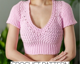 Patrón de crochet / Camiseta corta con cuello en V / Top corto de manga corta con punto Suzette / Descarga en PDF