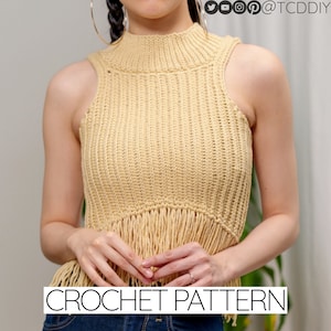 Crochet Pattern | Sleeveless Fringe Mock Neck Cropped Sweater Vest | Beginner Friendly Ribbed Turtleneck Top | PDF Download