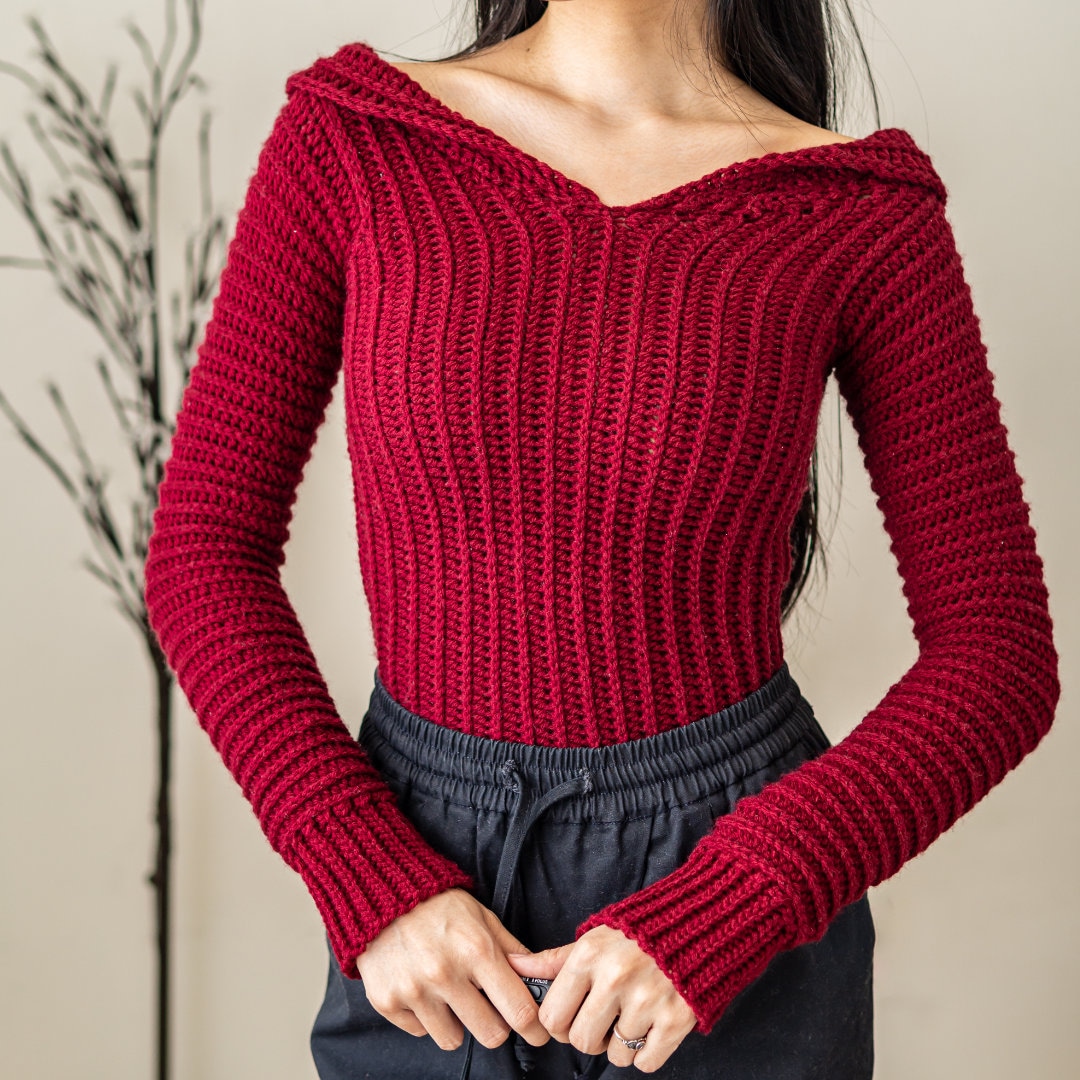 Crochet Pattern | Long Sleeve V Neck Fold Top | Ribbed | PDF