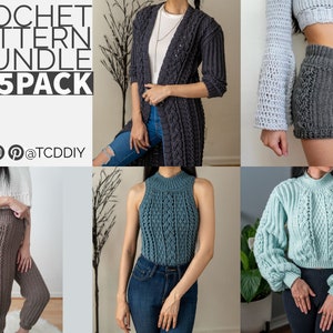 Crochet Pattern Bundle | Cable Stitch Cardigan | Cable Stitch Sweats | Cable Vest | Cable Stitch Sweater | Cable Shorts | PDF Download