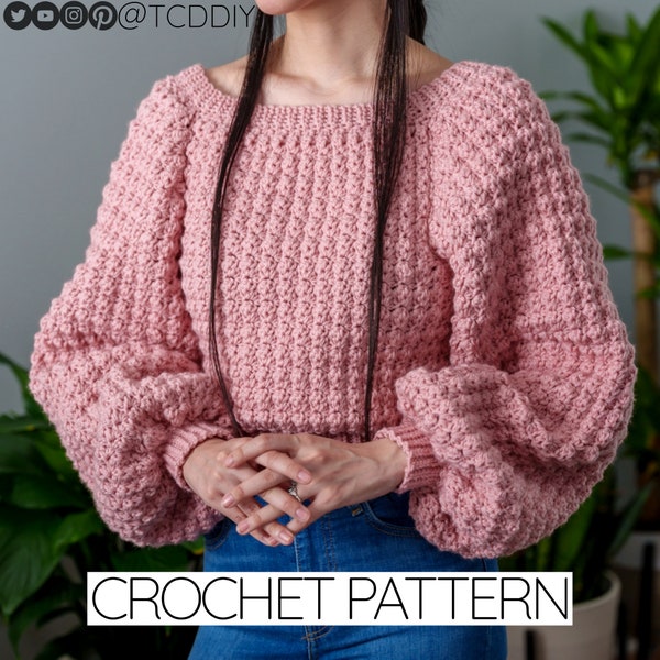Patrón de crochet / Suéter corto de cuello barco con mangas globo extragrandes / Descarga en PDF
