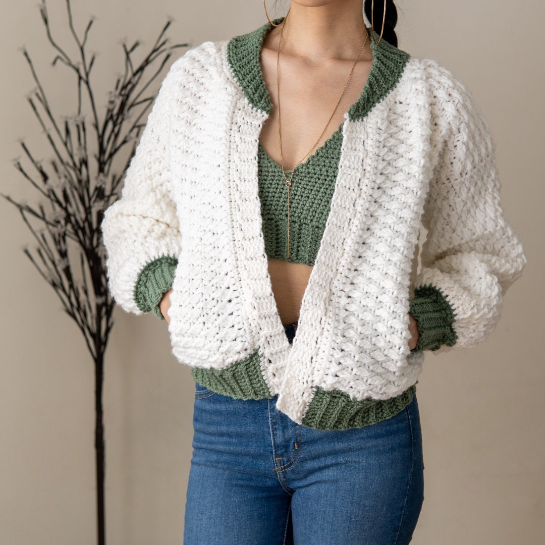 39 Crochet Jacket Patterns with Cardigans, Vests, and Hooded Styles 35 Crochet Pattern Bomber Jacket W. Pockets & Alpine Stitch