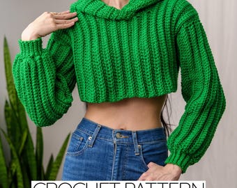 Crochet Pattern | Long Sleeve Cropped Jumper Hoodie | Hooded Open Hem Sweater | PDF Download