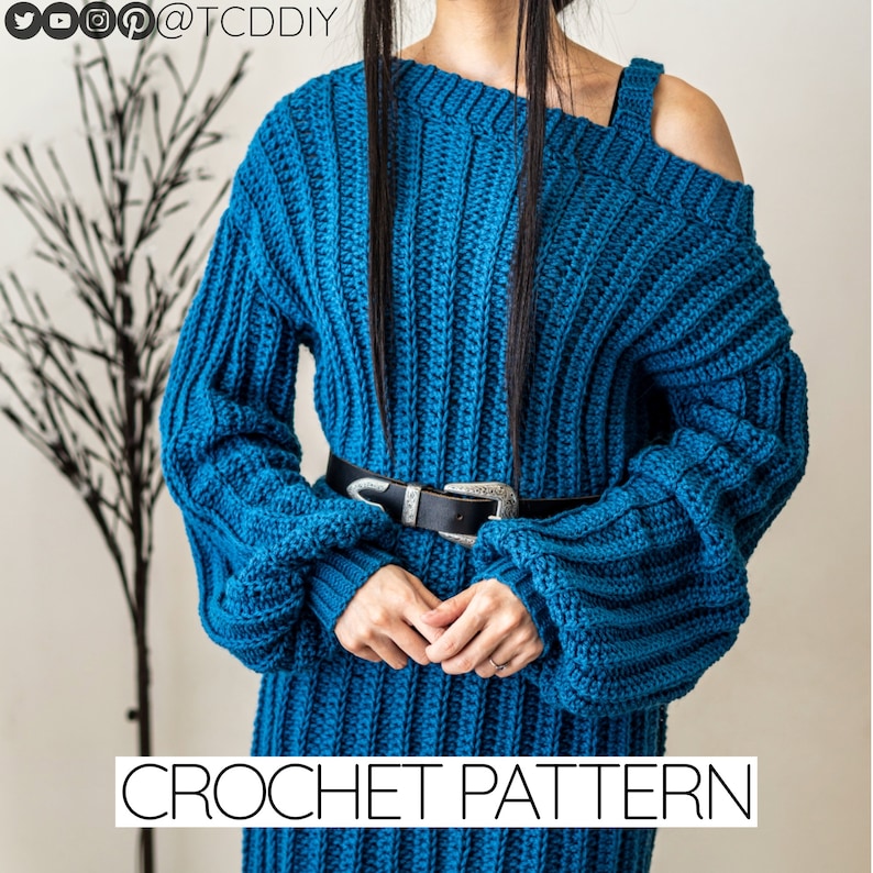 TCDDIY crochet pattern for a single strap sweater dress featuring balloon sleeves and a customizable length, crafted using Caron One Pound yarn in Ocean.