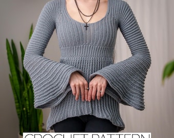 Crochet Pattern | Long Sleeve Scoop Neck Bell Sleeve Tunic Top | PDF Download