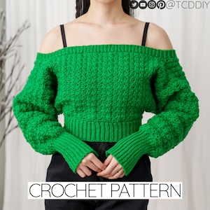 Häkelanleitung | Abgeschnittener Schulter Fledermaus Pullover W. Sedge Stitch Detail | Pullover | PDF-Download