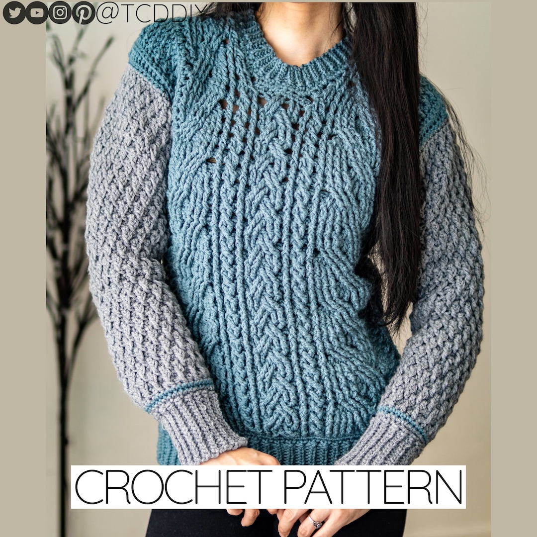 Crochet Pattern | Cable Stitch Crewneck Sweater W. Alpine